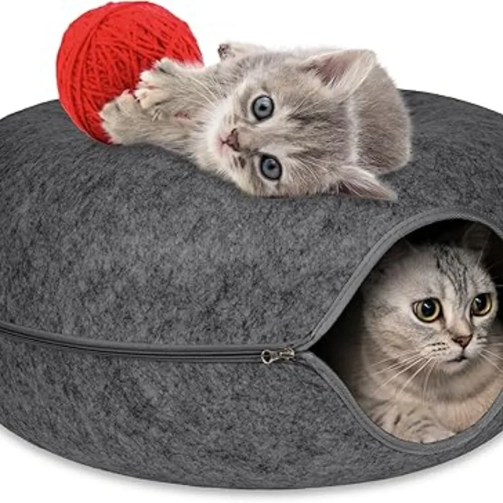 CAT BED 24 X 24 X 11 Inches Large Cat Tunnel Bed, Peekaboo Cat Cave DARK GRAY